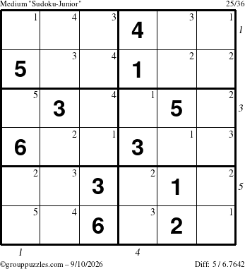 The grouppuzzles.com Medium Sudoku-Junior puzzle for Thursday September 10, 2026, suitable for printing, with all 5 steps marked