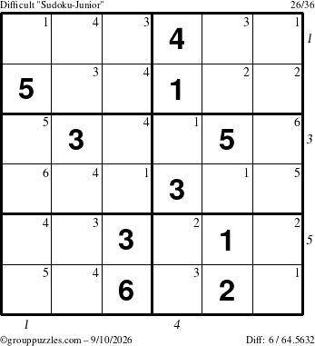 The grouppuzzles.com Difficult Sudoku-Junior puzzle for Thursday September 10, 2026 with all 6 steps marked