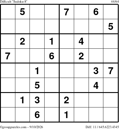 The grouppuzzles.com Difficult Sudoku-8 puzzle for Thursday September 10, 2026