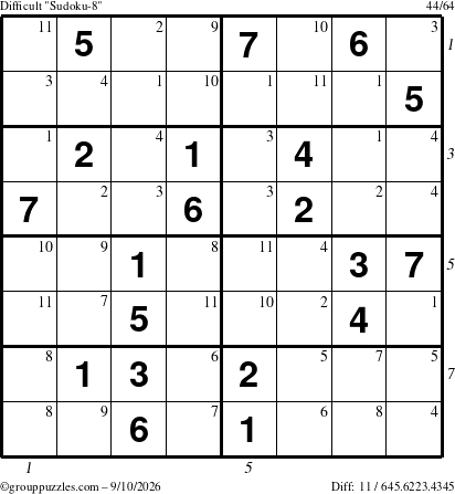 The grouppuzzles.com Difficult Sudoku-8 puzzle for Thursday September 10, 2026 with all 11 steps marked