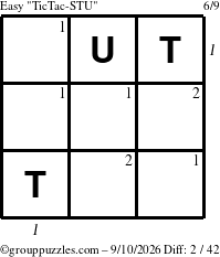 The grouppuzzles.com Easy TicTac-STU puzzle for Thursday September 10, 2026 with all 2 steps marked
