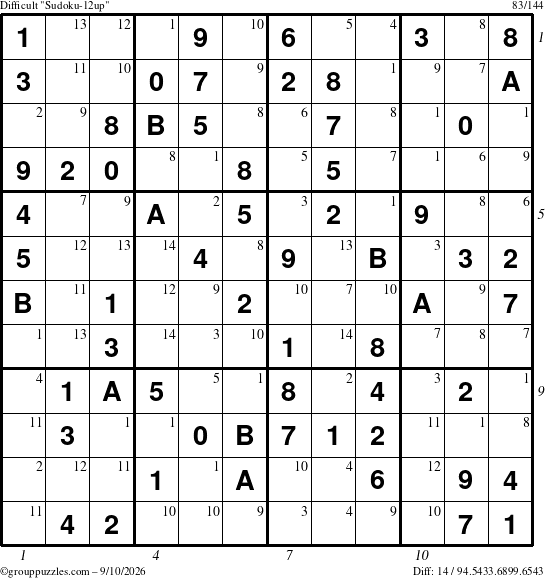 The grouppuzzles.com Difficult Sudoku-12up puzzle for Thursday September 10, 2026 with all 14 steps marked