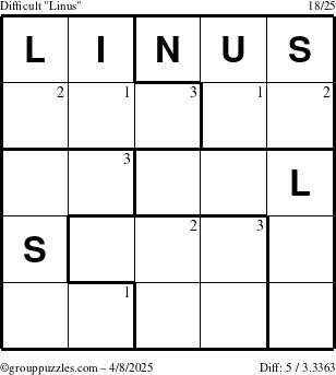 The grouppuzzles.com Difficult Linus puzzle for Tuesday April 8, 2025 with the first 3 steps marked