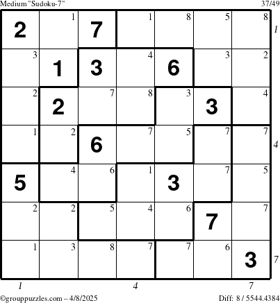 The grouppuzzles.com Medium Sudoku-7 puzzle for Tuesday April 8, 2025, suitable for printing, with all 8 steps marked