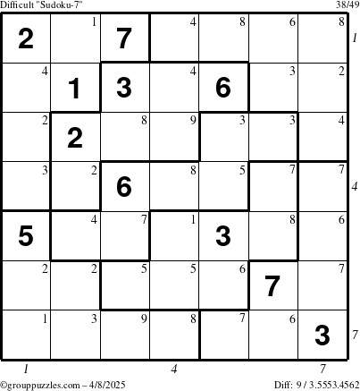 The grouppuzzles.com Difficult Sudoku-7 puzzle for Tuesday April 8, 2025, suitable for printing, with all 9 steps marked