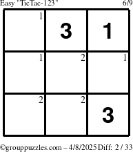 The grouppuzzles.com Easy TicTac-123 puzzle for Tuesday April 8, 2025 with the first 2 steps marked