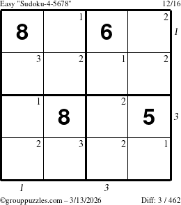 The grouppuzzles.com Easy Sudoku-4-5678 puzzle for Friday March 13, 2026, suitable for printing, with all 3 steps marked