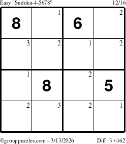 The grouppuzzles.com Easy Sudoku-4-5678 puzzle for Friday March 13, 2026 with the first 3 steps marked