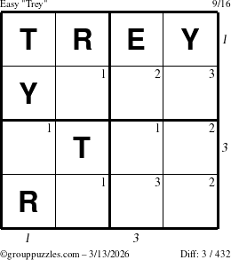 The grouppuzzles.com Easy Trey puzzle for Friday March 13, 2026 with all 3 steps marked