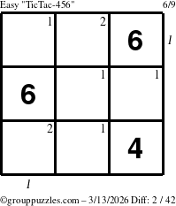 The grouppuzzles.com Easy TicTac-456 puzzle for Friday March 13, 2026 with all 2 steps marked