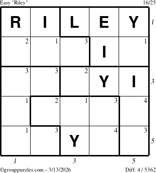 The grouppuzzles.com Easy Riley puzzle for Friday March 13, 2026, suitable for printing, with all 4 steps marked
