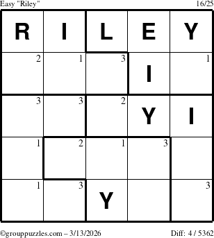 The grouppuzzles.com Easy Riley puzzle for Friday March 13, 2026 with the first 3 steps marked