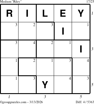 The grouppuzzles.com Medium Riley puzzle for Friday March 13, 2026, suitable for printing, with all 4 steps marked