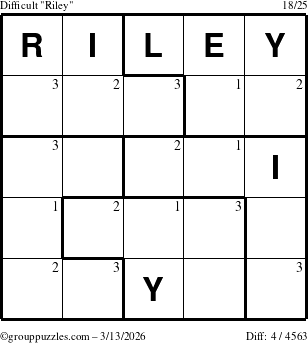 The grouppuzzles.com Difficult Riley puzzle for Friday March 13, 2026 with the first 3 steps marked