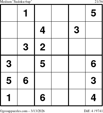 The grouppuzzles.com Medium Sudoku-6up puzzle for Friday March 13, 2026