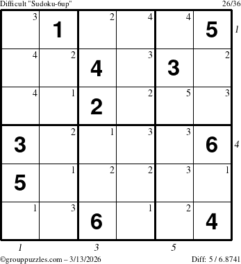 The grouppuzzles.com Difficult Sudoku-6up puzzle for Friday March 13, 2026 with all 5 steps marked