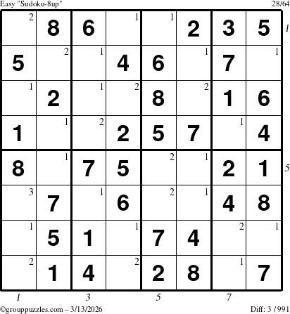 The grouppuzzles.com Easy Sudoku-8up puzzle for Friday March 13, 2026, suitable for printing, with all 3 steps marked