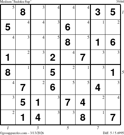 The grouppuzzles.com Medium Sudoku-8up puzzle for Friday March 13, 2026 with all 5 steps marked
