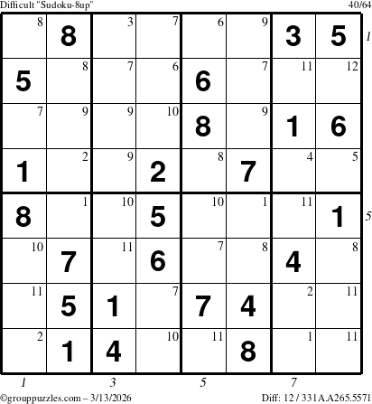 The grouppuzzles.com Difficult Sudoku-8up puzzle for Friday March 13, 2026 with all 12 steps marked