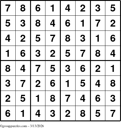The grouppuzzles.com Answer grid for the Sudoku-8up puzzle for Friday March 13, 2026