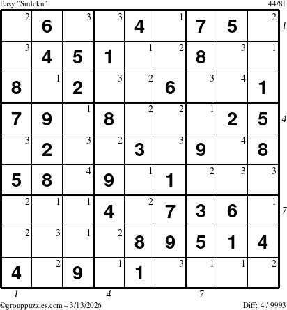 The grouppuzzles.com Easy Sudoku puzzle for Friday March 13, 2026, suitable for printing, with all 4 steps marked