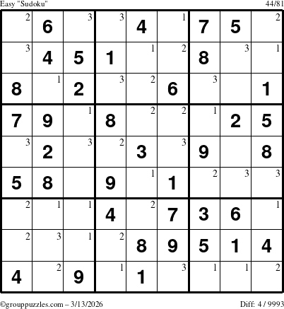 The grouppuzzles.com Easy Sudoku puzzle for Friday March 13, 2026 with the first 3 steps marked