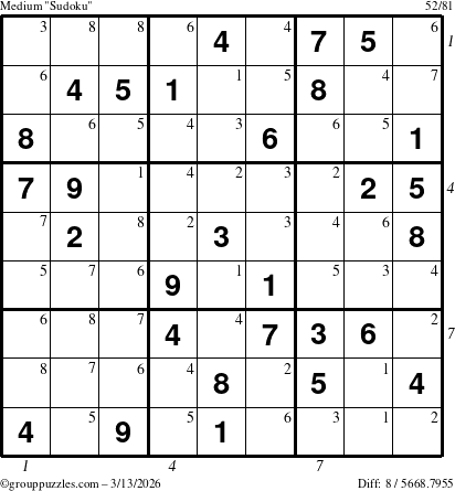 The grouppuzzles.com Medium Sudoku puzzle for Friday March 13, 2026 with all 8 steps marked