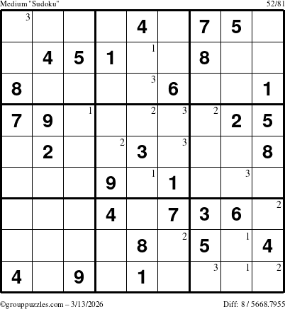 The grouppuzzles.com Medium Sudoku puzzle for Friday March 13, 2026 with the first 3 steps marked