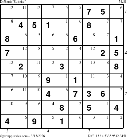 The grouppuzzles.com Difficult Sudoku puzzle for Friday March 13, 2026 with all 13 steps marked