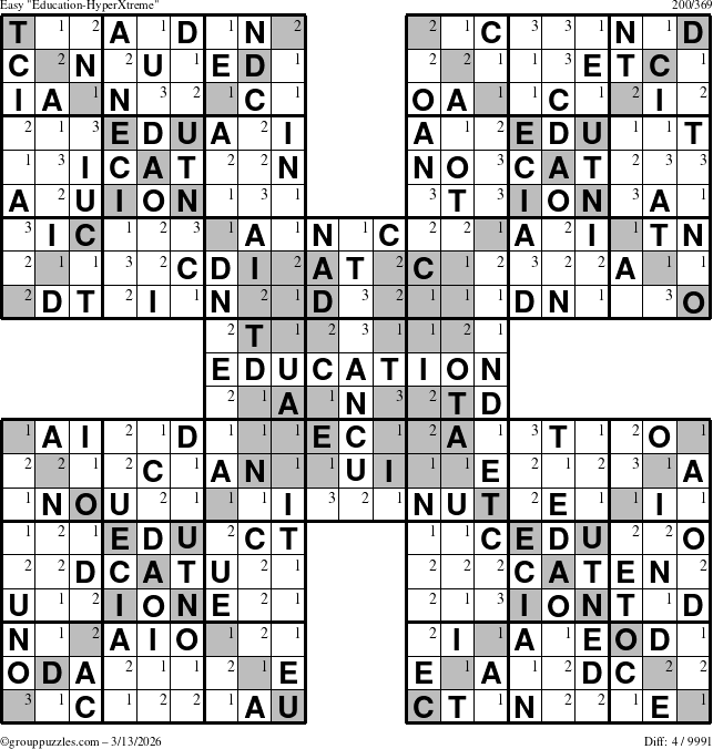 The grouppuzzles.com Easy Education-HyperXtreme puzzle for Friday March 13, 2026 with the first 3 steps marked