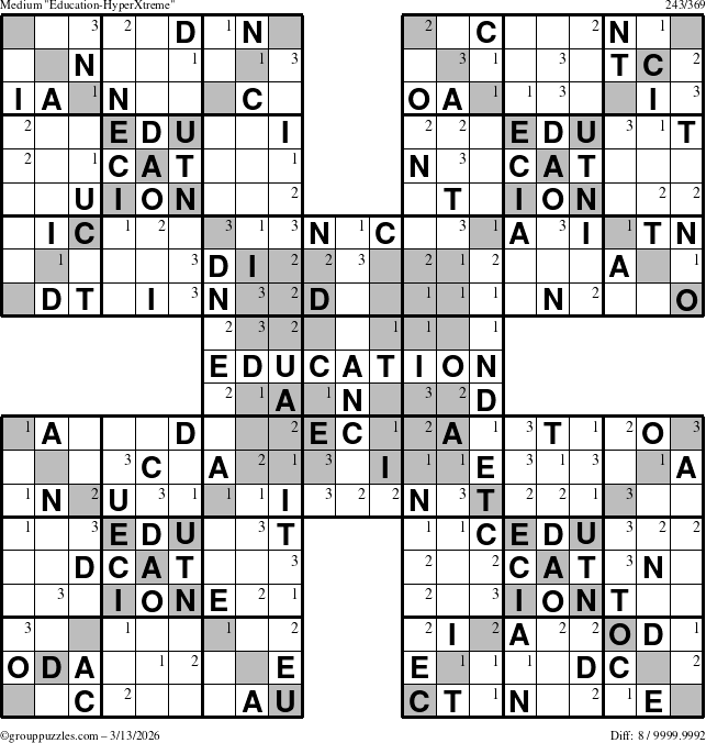 The grouppuzzles.com Medium Education-HyperXtreme puzzle for Friday March 13, 2026 with the first 3 steps marked