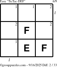 The grouppuzzles.com Easy TicTac-DEF puzzle for Tuesday September 16, 2025 with all 2 steps marked