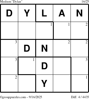 The grouppuzzles.com Medium Dylan puzzle for Tuesday September 16, 2025 with the first 3 steps marked