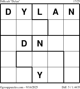 The grouppuzzles.com Difficult Dylan puzzle for Tuesday September 16, 2025