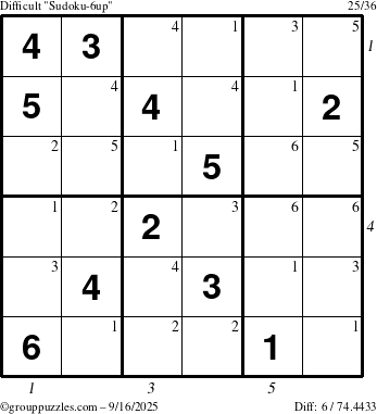 The grouppuzzles.com Difficult Sudoku-6up puzzle for Tuesday September 16, 2025, suitable for printing, with all 6 steps marked