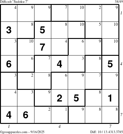 The grouppuzzles.com Difficult Sudoku-7 puzzle for Tuesday September 16, 2025, suitable for printing, with all 10 steps marked