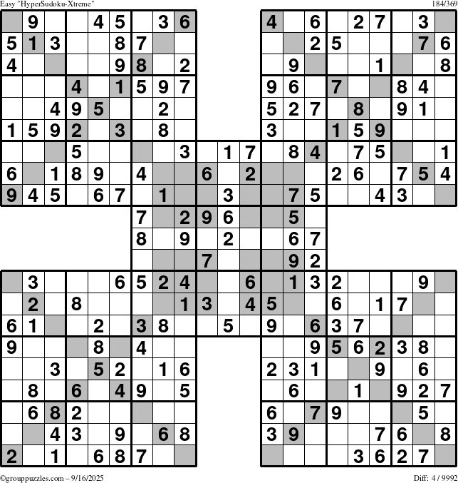 The grouppuzzles.com Easy HyperSudoku-Xtreme puzzle for Tuesday September 16, 2025