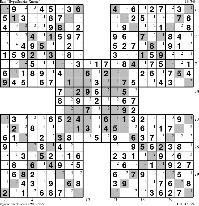 The grouppuzzles.com Easy HyperSudoku-Xtreme puzzle for Tuesday September 16, 2025, suitable for printing, with all 4 steps marked