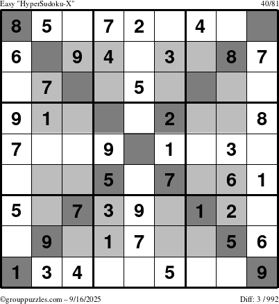 The grouppuzzles.com Easy HyperSudoku-X puzzle for Tuesday September 16, 2025