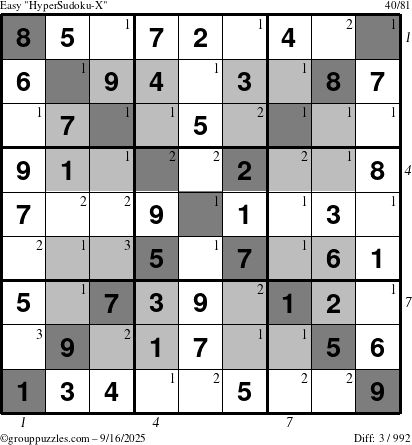 The grouppuzzles.com Easy HyperSudoku-X puzzle for Tuesday September 16, 2025, suitable for printing, with all 3 steps marked