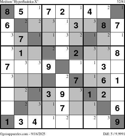 The grouppuzzles.com Medium HyperSudoku-X puzzle for Tuesday September 16, 2025 with the first 3 steps marked