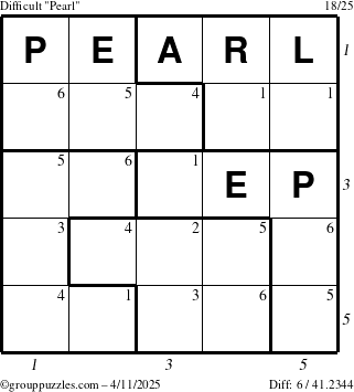 The grouppuzzles.com Difficult Pearl puzzle for Friday April 11, 2025, suitable for printing, with all 6 steps marked
