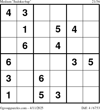 The grouppuzzles.com Medium Sudoku-6up puzzle for Friday April 11, 2025