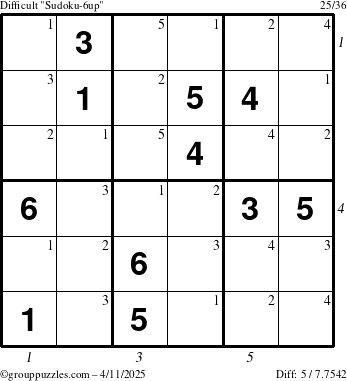 The grouppuzzles.com Difficult Sudoku-6up puzzle for Friday April 11, 2025 with all 5 steps marked