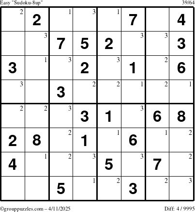 The grouppuzzles.com Easy Sudoku-8up puzzle for Friday April 11, 2025 with the first 3 steps marked