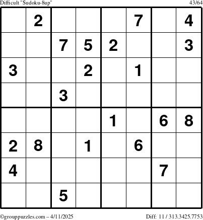 The grouppuzzles.com Difficult Sudoku-8up puzzle for Friday April 11, 2025