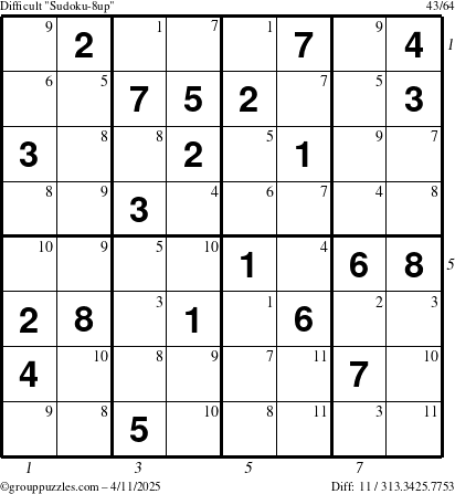 The grouppuzzles.com Difficult Sudoku-8up puzzle for Friday April 11, 2025 with all 11 steps marked