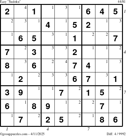 The grouppuzzles.com Easy Sudoku puzzle for Friday April 11, 2025 with all 4 steps marked