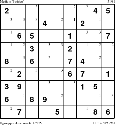 The grouppuzzles.com Medium Sudoku puzzle for Friday April 11, 2025 with the first 3 steps marked