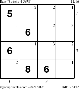 The grouppuzzles.com Easy Sudoku-4-5678 puzzle for Friday August 21, 2026 with all 3 steps marked